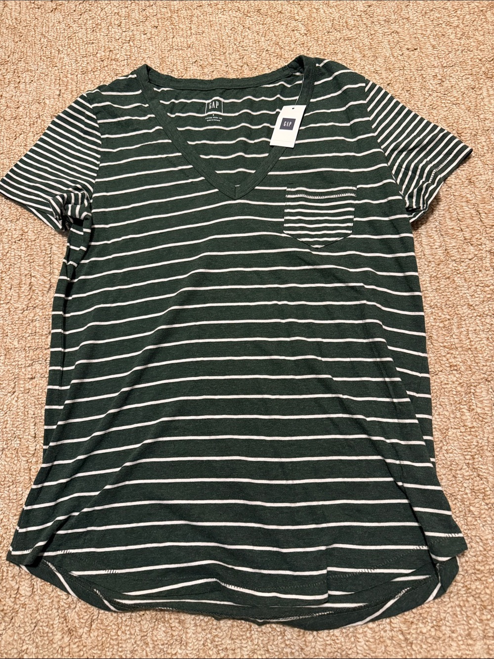 GAP Green and White Striped V-Neck Pocket Tee